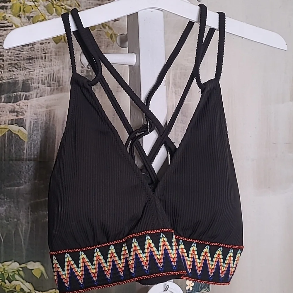 NWT! Blooming Jelly Womens Large ribbed black colorful ZIG ZAG band bikini